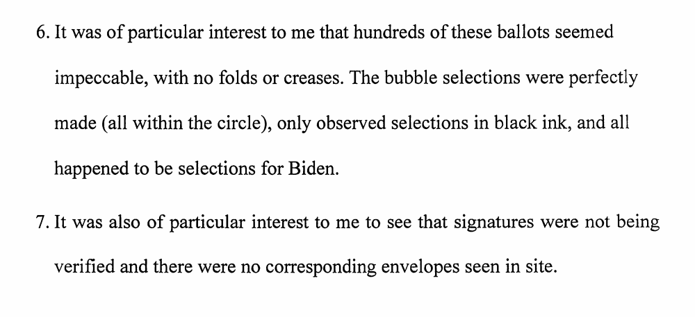 Exhibit E: A witness says "hundreds" of ballots "seemed impeccable, with no folds or creases," and were neatly filled out for Biden. Also, counters didn't verify signatures on the ballots (which aren't signed). "Based on my observations I believe there was fraud committed."