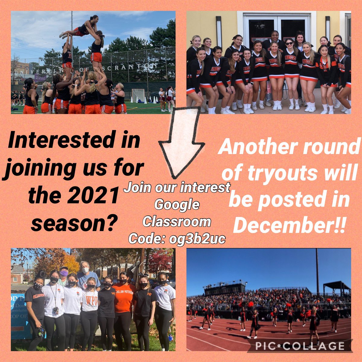 WPU Cheerleading is hosting another round of tryouts in December. If you are interested please join our Google Classroom for more information. And if you have any questions feel free to reach out. Cheers!!🧡🖤