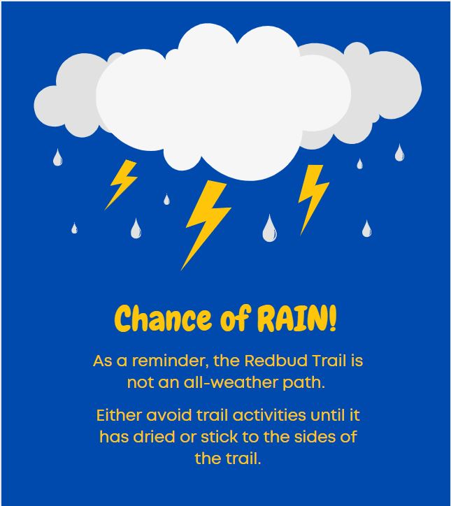 RedbudTrail's tweet photo. This weekend there's a chance of rain. We'll not be officially having our regularly scheduled maintenance day, but we do encourage all of you in the community, if you have time, to go pick up trash or cut and move tree limbs hanging low or fallen off to the side. 
#redbudtrail https://t.co/NSvrQ6y460