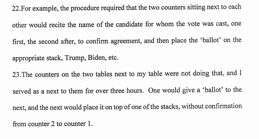 Exhibit F: Sometimes ballots were recounted without being checked by two workers. (Also, some workers were rude and he had to get someone to tweet about them.)