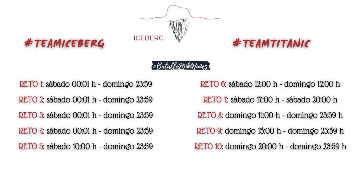 lasrusasdemiki's tweet photo. 🗓 Para que os podáis organizar y montar vuestra estrategia os dejamos los horarios de cada reto sin spoilers 👀 

¿Estáis listxs para darlo todo por vuestro equipo? ¿Quién ganará? ¿#TeamIceberg o #TeamTitanic? ¡Mucha suerte! ⚔️ https://t.co/fbU54bGuLg