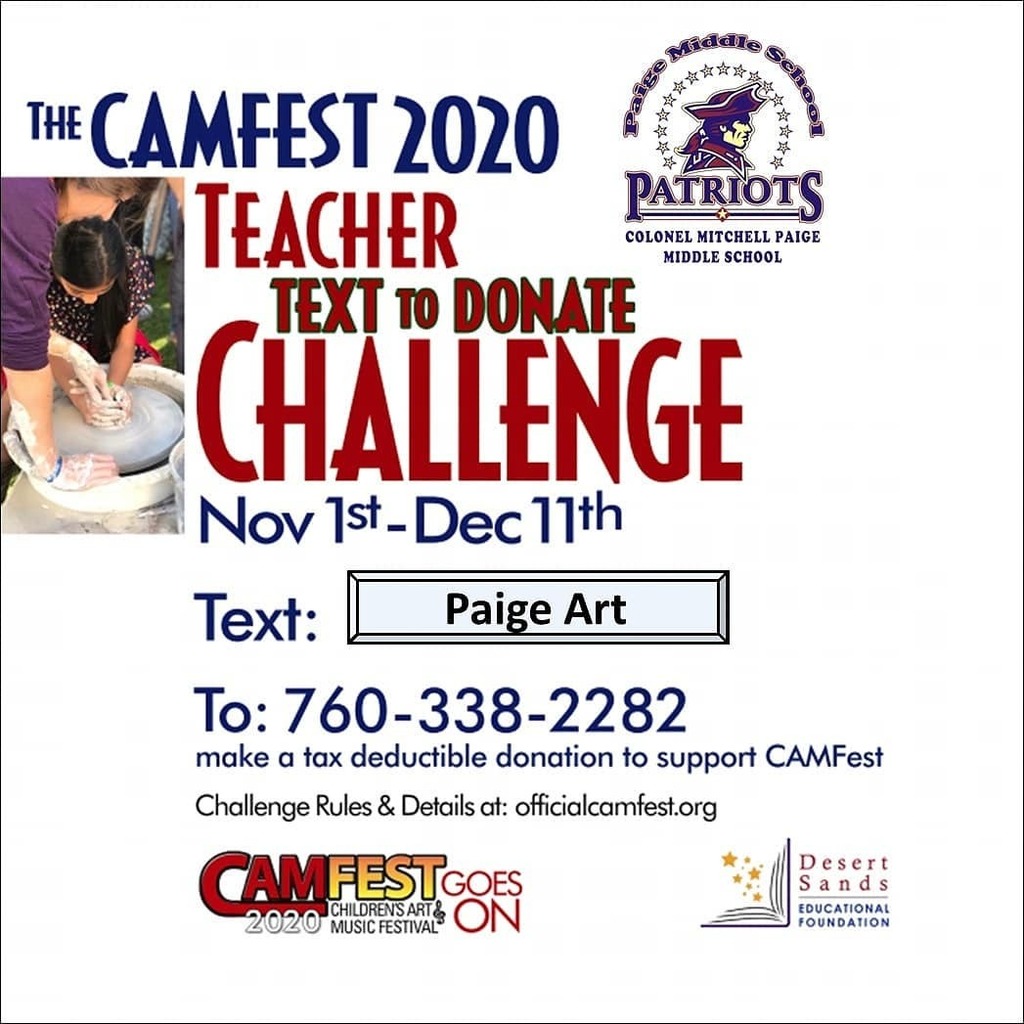cmpms_official's tweet photo. Support Art at CMP! Text "Paige Art" to 760-338-2282 to make a donation. #CAMFest2020 https://t.co/r63aBEVFGG