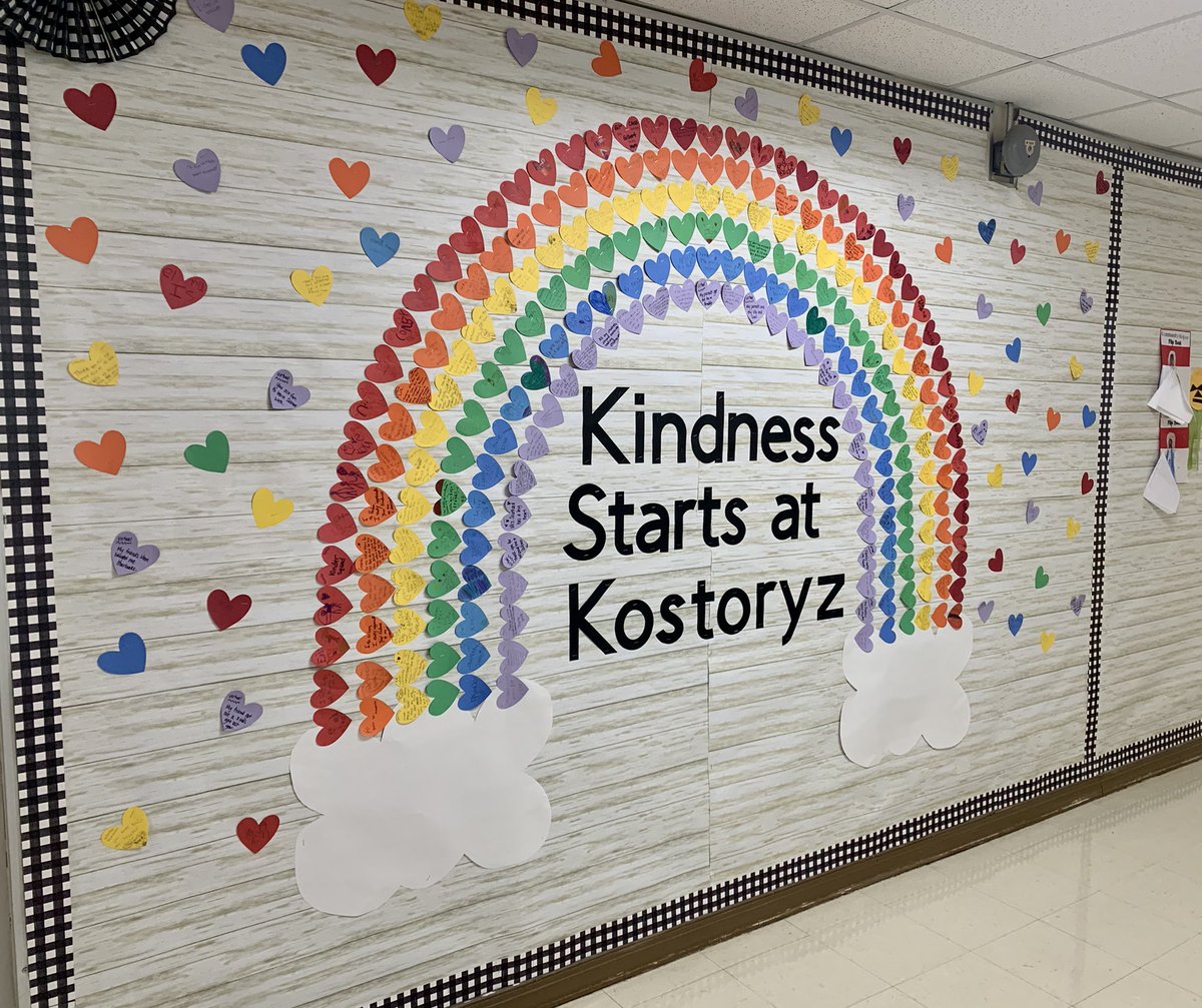 Our Kostoryz Kindness rainbow brightens our hallway.  Students and staff wrote affirmations to each other and continue to add their notes of gratitude to the wall.  🐯💙🌈 #kostoryztigerpride