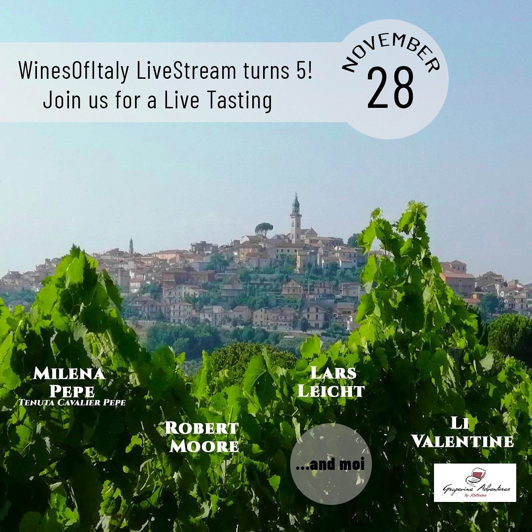 SAVE THE DATE!

#WinesOfItaly #LiveStream turns 5! 
🎉🍾🥂🥂
We'll do a Live Tasting to celebrate 28 November / 18.00 CET / 12pm ET / 9am PT

with
Robert Moore <a href="/MediaLabRat/">Robert Moore</a>,
Li Valentine <a href="/TheWiningHour/">Li Valentine</a>
Lars Leicht
➡️ w/ 🍷 of Milena <a href="/Cavalierpepe/">Tenuta CavalierePepe</a> 
#Campania 
#Aglianico