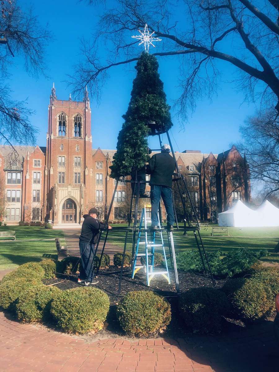 NotreDameOhio's tweet photo. Thank you to the Notre Dame College maintenance staff for everything they do for the faculty, staff and students on a daily basis! A big shout out for bringing holiday cheer and a little bit of normal to our campus. The preparation for the Christmas tree lighting begins today. https://t.co/I2KNjK8PcK
