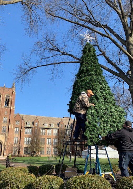 NotreDameOhio's tweet photo. Thank you to the Notre Dame College maintenance staff for everything they do for the faculty, staff and students on a daily basis! A big shout out for bringing holiday cheer and a little bit of normal to our campus. The preparation for the Christmas tree lighting begins today. https://t.co/I2KNjK8PcK