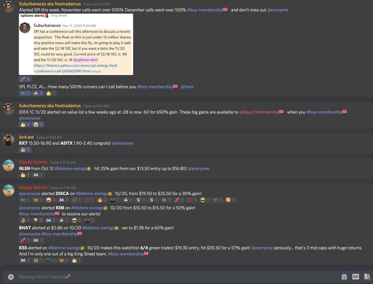 kingblehme's tweet photo. Here's some of King Street's alerts from this week...
what a killer week! Thanks to our team for curating the best plays and our #RoyalMembers for playing them well.
$SPI $PLCE $RXT $ADTX $IDEX $KIM $KSS $DISCA
Many 20%+ gains on stocks and 200%+ gains on contracts. Link in bio! https://t.co/V16bZTwOoI