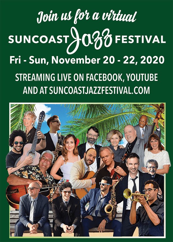 GregCreamer13's tweet photo. Tonight’s the night! The 30th Suncoast Jazz Festival begins! We are live streaming to the Suncoast Jazz Festival Facebook page, YouTube (https://t.co/8yxlz3ME72) and https://t.co/rF2DOsYkDu at 6p on Friday, 6p Sat and 3p on Sunday, all EST.  Please share on your feed, &amp; tune in! https://t.co/5ailJPTHVD