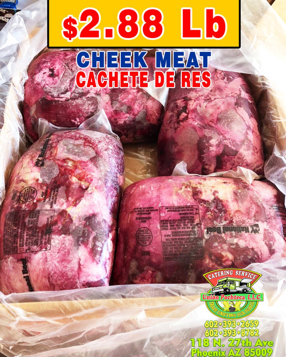 UnionPochteca's tweet photo. $2.88 Lb CACHETE -BEEF CHEEK MEAT🥩🥩
$2.99 Lb LABIO DE RES - BEEF OXLIPS🥩🥩
**Comprala por caja.
#UnionPochteca #FoodTrucks #StreetFood #ComissaryService #FoamDisposables #FreshProduce #FreshMeats #LocalBusiness https://t.co/JtTmAmeC5W