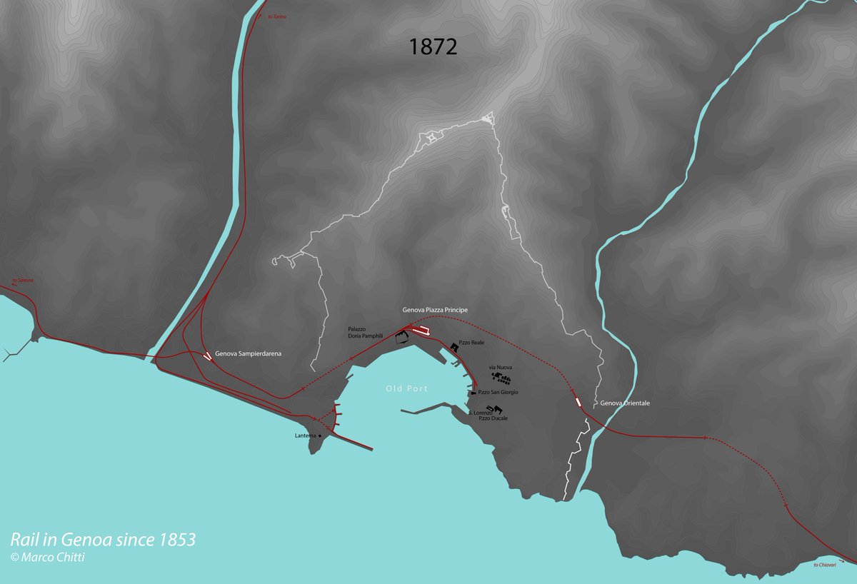 7/The following years are just a story of connecting all the lines together with a tunnel under the city (1872) and more and more lines to reach the ever growing harbor. The rails were squeezed between the waterfront building and a marble arched terrace built to separate the port