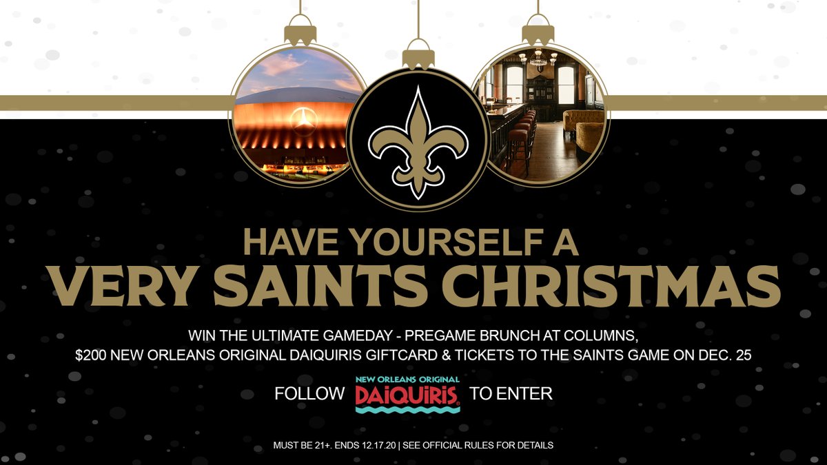 Saints's tweet photo. Follow New Orleans Original Daiquiris on Instagram or Facebook for a chance to win the ultimate Christmas gameday experience🎄

You and 9️⃣ guests can win pregame brunch at Columns, a @NOODaiquiris gift card, a limo ride, and tix to #Saints-Vikings!

MORE: https://t.co/dF5UZCjBs5 https://t.co/Gsze82aqEw