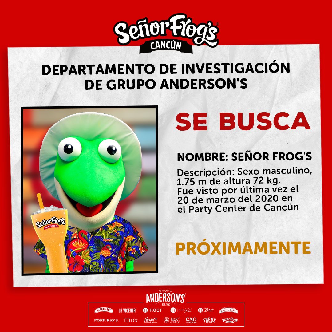 Sr. Frog’s sigue de vacaciones. Si lo ves ayúdanos a convencerlo de regresar, ¡Cancún no es lo mismo sin él!🐸
