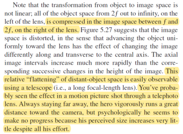 3/ Hecht attributes the flattening of depth to longitudinal magnification M_L, the compression of the image along the lens axis.