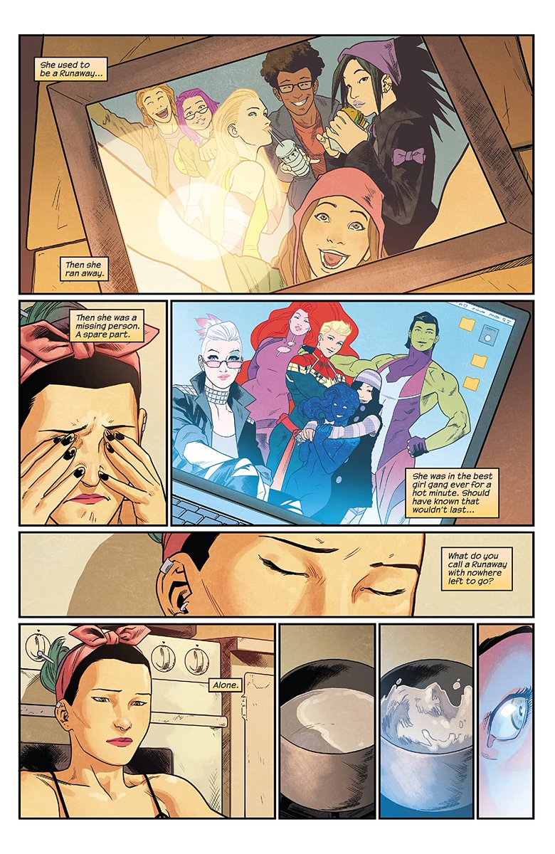 RUNAWAYS (5 volumes - ongoing)by  @rainbowrowell,  @kristaferanka,  @COLORnMATT,  @Treestumped,  @JoeCaramagna,  @AGenolet,  @deezoid Teens turn (sort of) superheroes! Found family! LGBT rep! A dinosaur!! No previous knowledge is necessary, but the prev comics are cool!