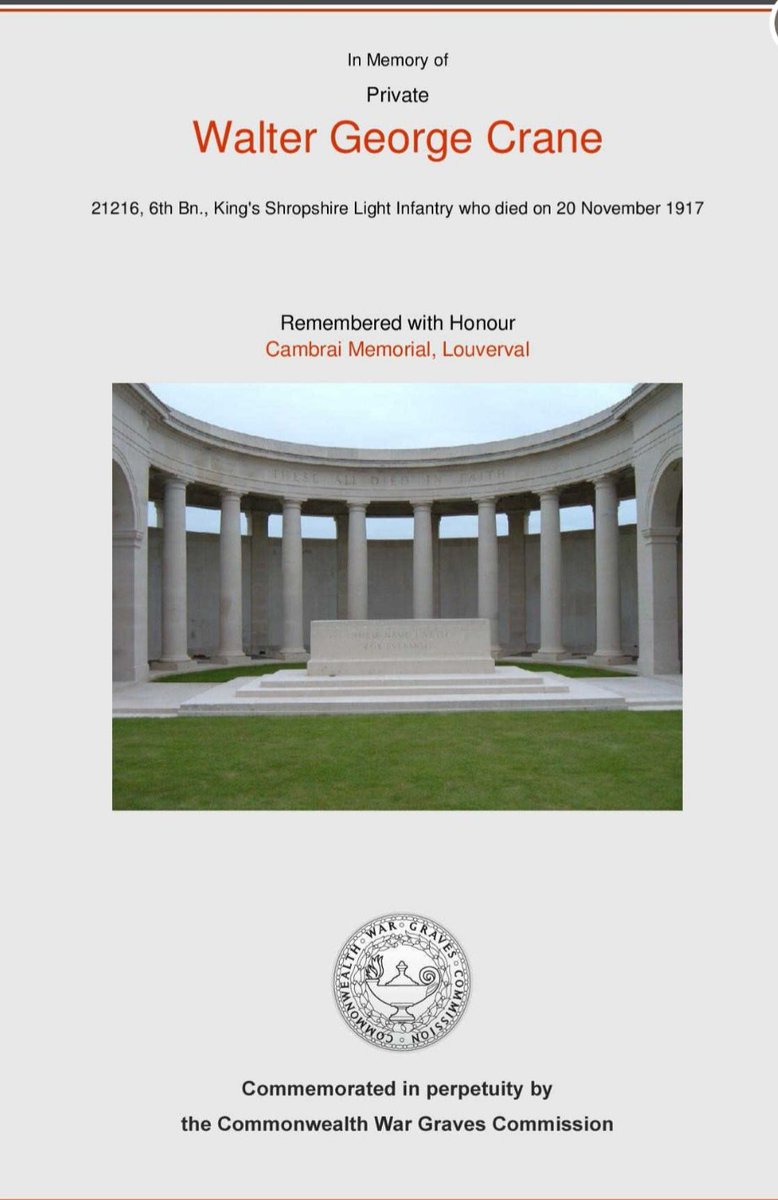 SalopianGenes's tweet image. In memory of my Grt Uncle who was K.I.A #OnThisDay 103 years ago at the battle of Cambrai. 
#RIP 
#KSLI 
#CambraiDay
ancestry.co.uk/sharing/120731…