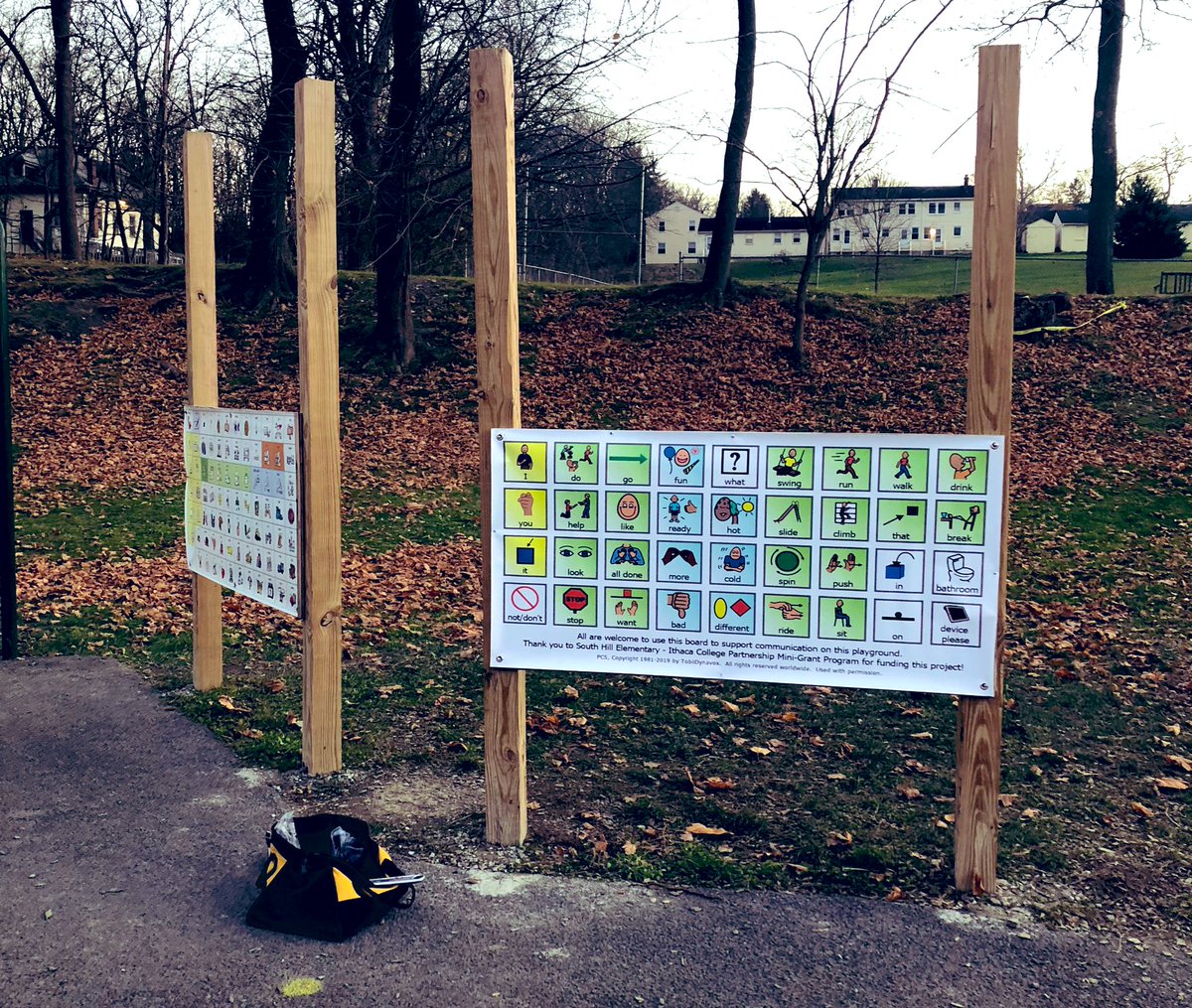 SarahGregorySLP's tweet photo. Finally finished the playground communication boards at @southhillhawks! Another small step toward making our @IthacaNYSchools spaces more accessible and inclusive for all of our students #AAC #RepresentationMatters https://t.co/WNaHnb6pYy