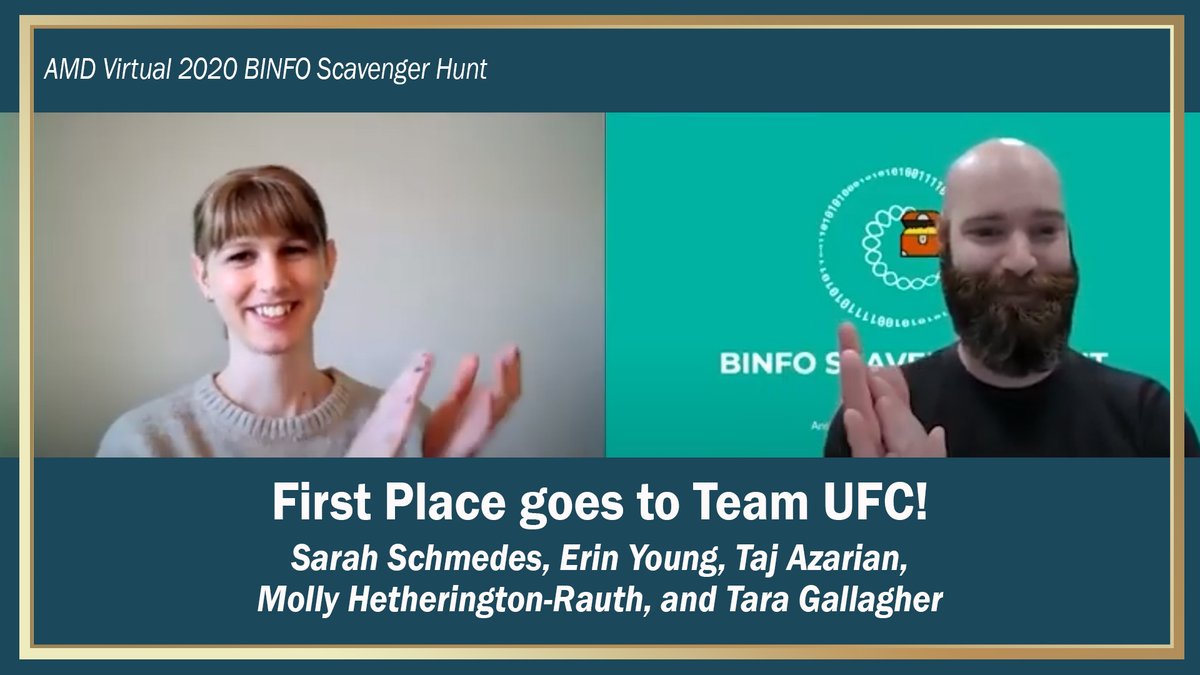 CDC_AMD's tweet photo. Congratulations to Team UFC on winning the #BINFOScavengerHunt!! For the Nov session of #AMDVirtual, participants spent the week searching for answers to 10 bioinformatics questions. Teams have been neck and neck until today when Kelsey Florek & Logan Fink announced the winners. https://t.co/EbnmoGHYdy