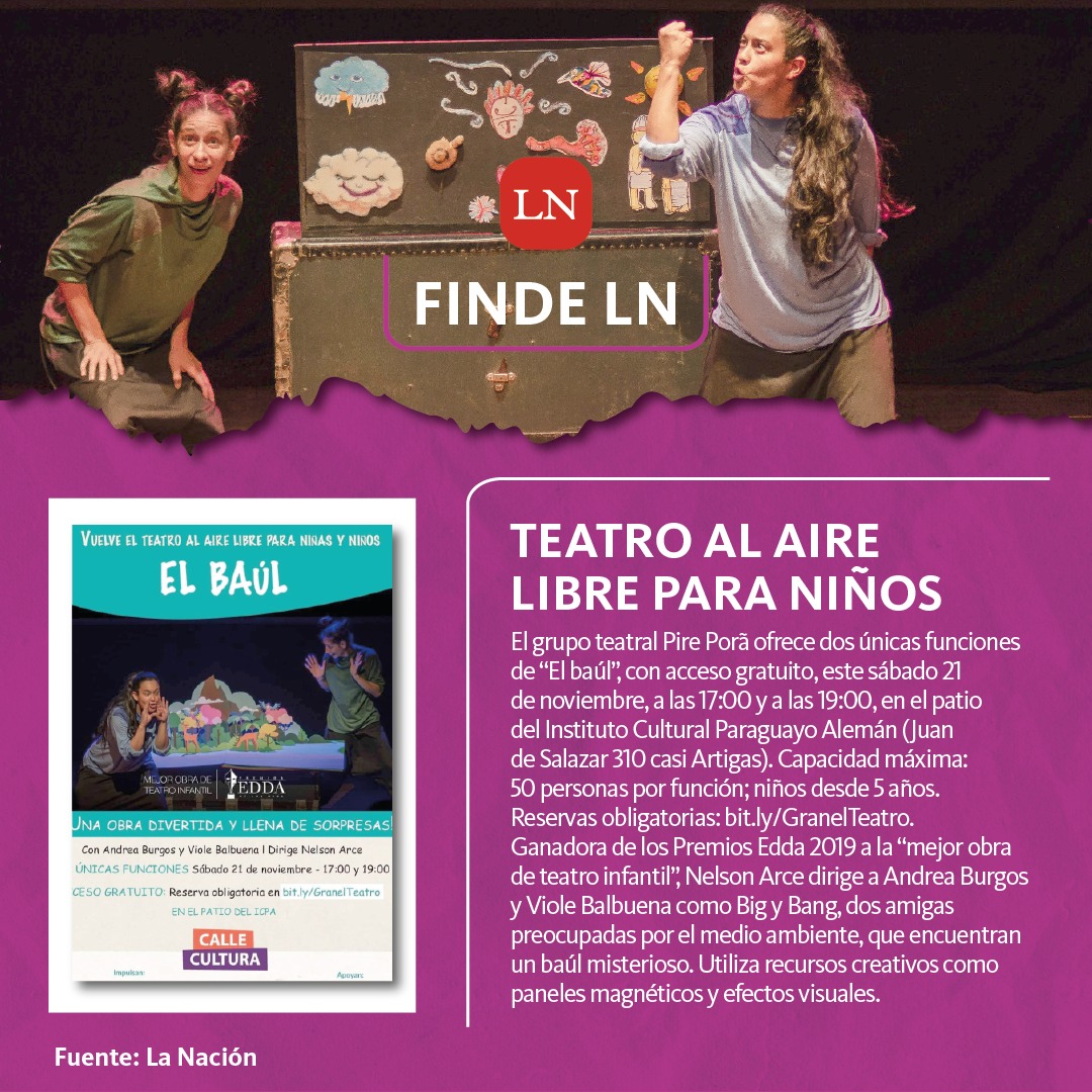 LaNacionPy's tweet photo. #FindeLN 🎭 Teatro al aire libre para niños
📌 No te pierdas de la divertida muestra teatral "El baúl", con acceso libre y gratuito en el Instituto Cultural Paraguayo Alemán. #LeéLN. https://t.co/RHwfmYIeRZ