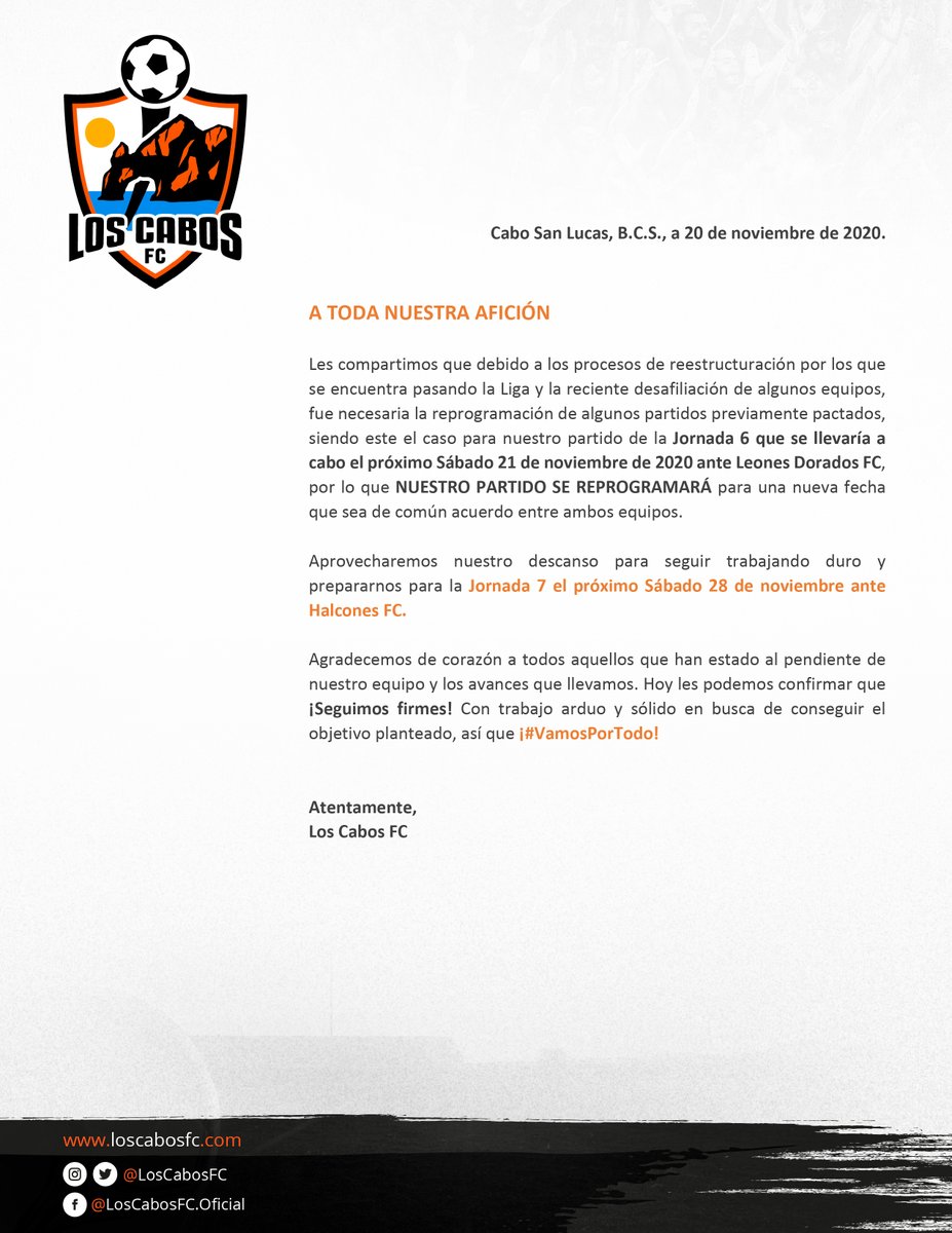 loscabosfc's tweet photo. 🚨🚨COMUNICADO OFICIAL🚨🚨
A toda nuestra afición, les informamos que el partido de la jornada 6 programado para el día de mañana ante Leones Dorados SE REPROGRAMARÁ.
Más adelante se comunicará una nueva fecha en común acuerdo entre ambos equipos.
#AquíTodosSomosLocales 💪🏻 https://t.co/SYlZ3yag3I