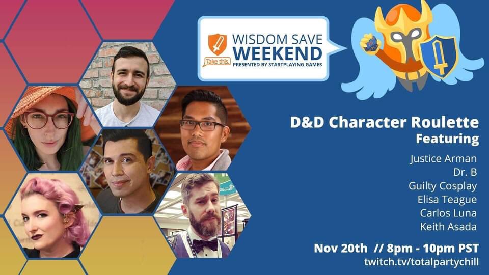 GeekyPinup's tweet photo. TONIGHT! We’re playing D&D Character Roulette for #WisdomSaveWeekend with wacky effects for players for each $20 donation to @TakeThisOrg!
#dnd #dnd5e #charity https://t.co/2UvzWyvbtj