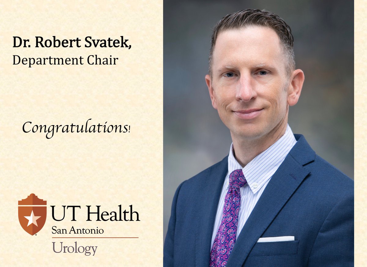 UT Health SA Uro (@uthsauro) on Twitter photo We are delighted to announce the appointment of Robert Svatek, MD, MSCI as Chair, Department of Urology, effective November 30, 2020. Congratulations! <a href="/UTHealthSA/">UT Health San Antonio</a> @UTHResearch We are delighted to announce the appointment of Robert Svatek, MD, MSCI as Chair, Department of Urology, effective November 30, 2020. Congratulations! <a href="/UTHealthSA/">UT Health San Antonio</a> @UTHResearch