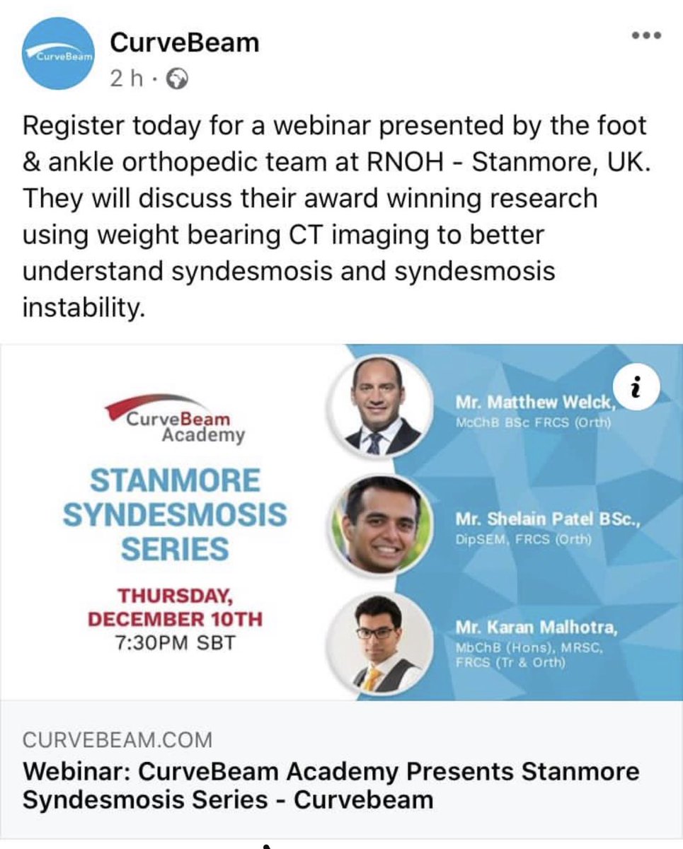 Excited to be involved in this stanmore foot and ankle surgeons webinar @CurveBeam @DrLintzFoot ⁣
.⁣
#anklefracture #ankle #syndesmosis #syndesmosisrepair #footandankle #footandanklesurgery #footandanklesurgeon