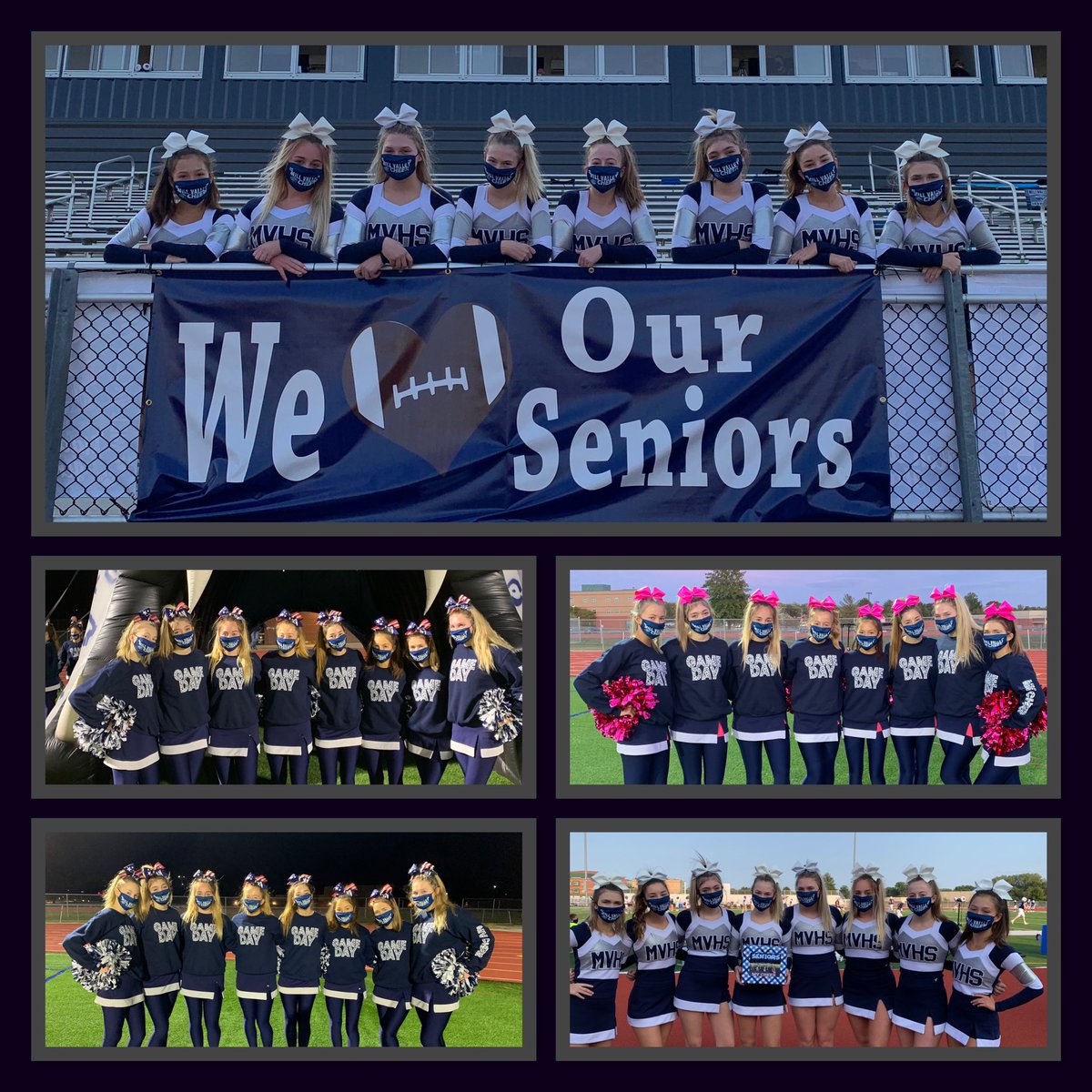 These very special Senior Cheerleaders should be cheering their last home game tonight at Mill Valley. Instead,we will be cheering loudly from our homes. #covid #Quarantined #alwaysmasked #gojags 🏈🎀💙
