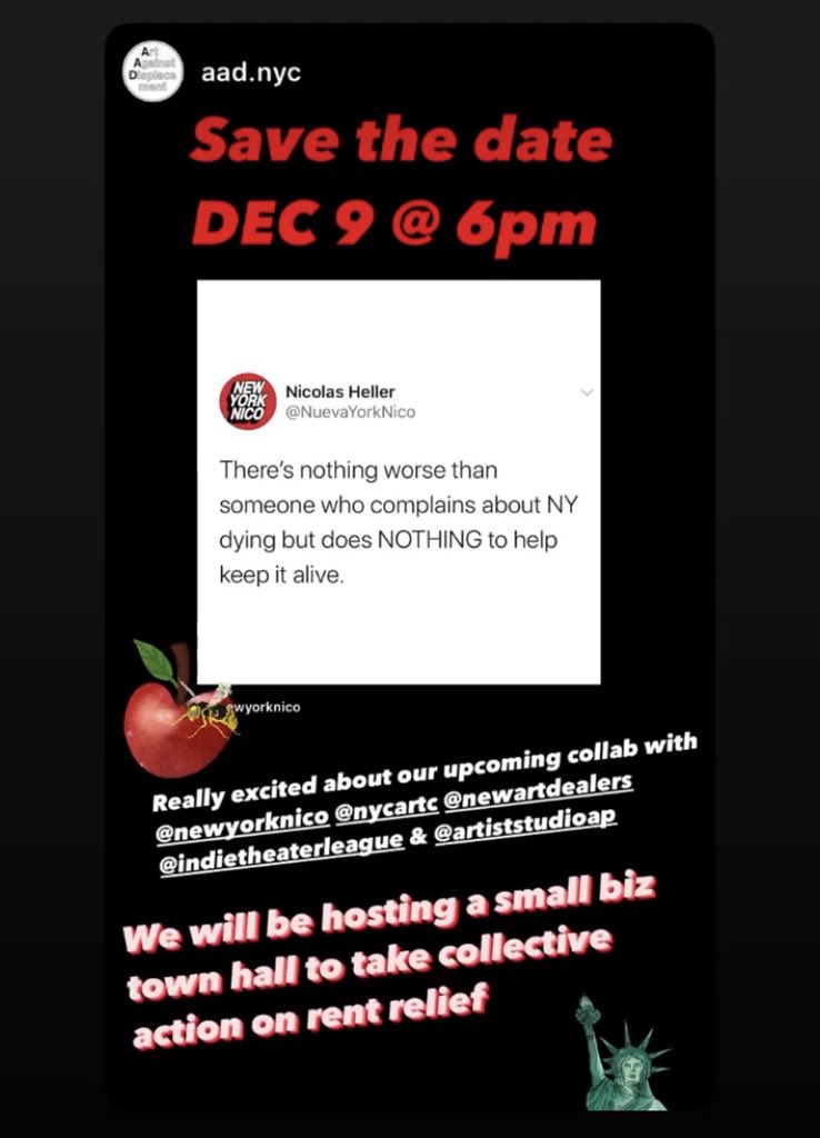 @NuevaYorkNico <a href="/artagainstnyc/">aad.nyc #cancelrent</a> @vsthill <a href="/Powhida/">William Powhida</a> <a href="/artfagcity/">Paddy Johnson</a> <a href="/SaveNYCNow/">Sonya Shaykhoun</a> <a href="/NYCArtC/">NYC Artist Coalition</a> <a href="/usb_nyc/">United for Small Business NYC</a> <a href="/leana2121964/">Lena Melendez</a> <a href="/ChhayaCDC/">Chhaya CDC</a> <a href="/ivanr_contreras/">Iván Contreras</a> <a href="/marthanayon/">Martha Ayon</a>