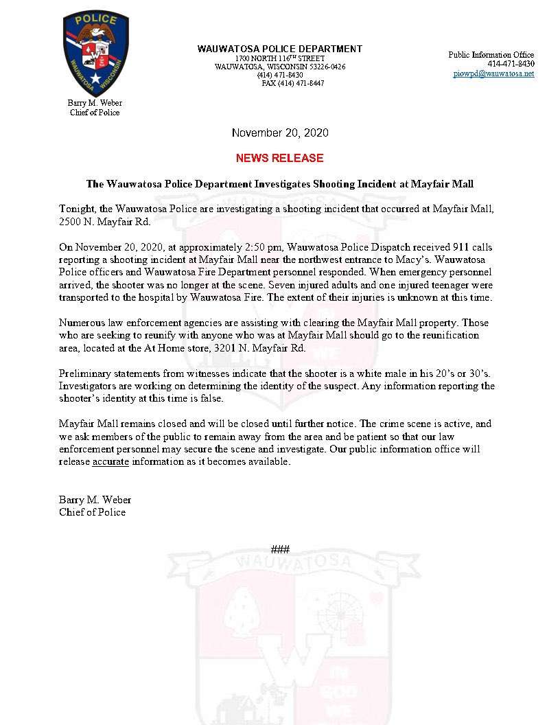 WauwatosaPD's tweet photo. Statement from Police Chief Barry Weber. Regarding shooting incident at Mayfair Mall 11/20/2020. https://t.co/4dU95DFaXl
