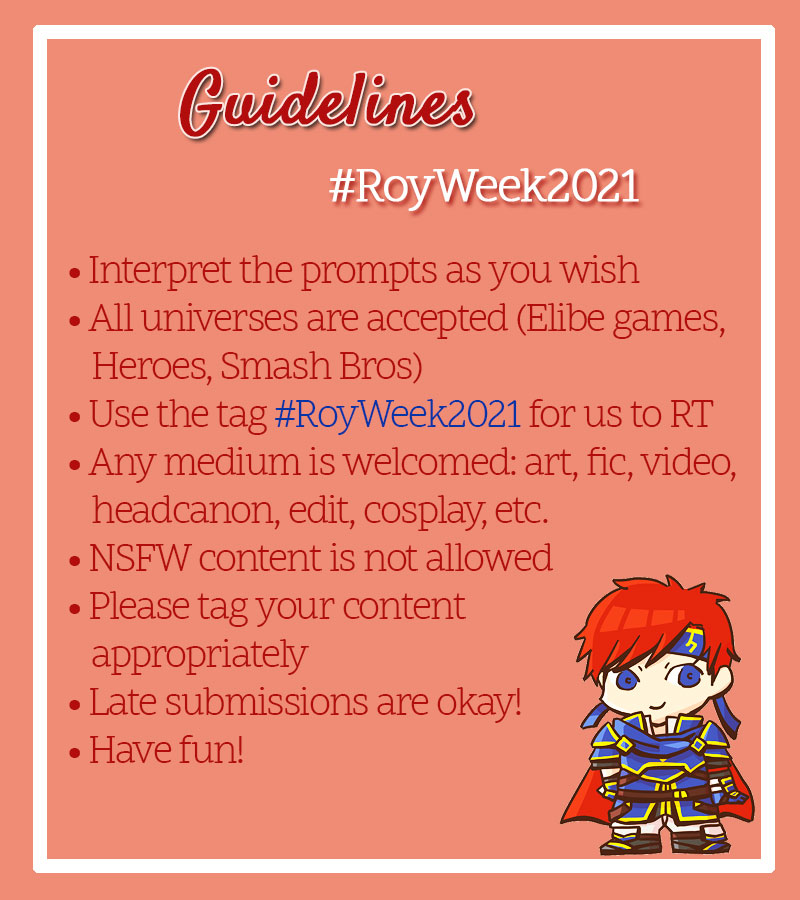 fe6royweek's tweet image. [RT ❤️]
We are excited to reveal the prompts for #RoyWeek2021, which will take place from January 11th to 18th! Let's celebrate this amazing character together 🔥

#FE6 #RoyFireEmblem