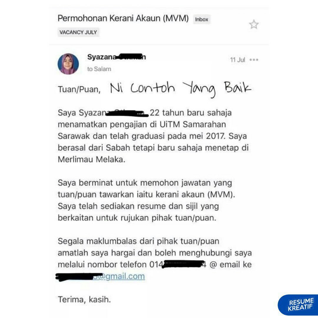 Cara Hantar Resume Internship Melalui Email : Contoh Cover Letter