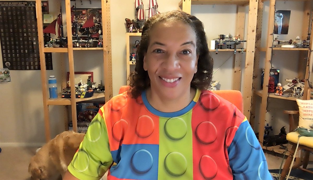 deepseadawn's tweet photo. 2/2 Debuted it at no less than a remote Esri Directors meeting today! Jack Dangermond laughed out loud! @WolfBruening @jmuilenburg @AWhitTwit @cartonaut @mapsOverlord @legogradstudent @playmoadjprof (see background @illustoria ☺️) #LegoZoomHack https://t.co/swChTYKfKC