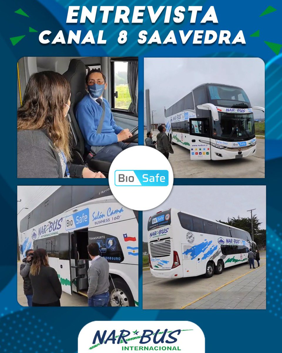 BusesNarbus's tweet photo. Te invitamos a revisar esta increíble nota que realizo Canal 8 Saavedra sobre nuestras nuevas tecnologías para poder seguir cuidándote y realizando un viaje #BioSeguro. 

#compártela 😄

👉🏽 https://t.co/Rau3wMdvYL 

Compra tus pasajes aquí: 
https://t.co/HCJ70Wglbn https://t.co/uElTK1Wo3H