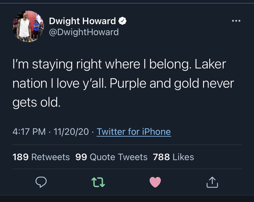 Se había señalado que Dwight Howard iba a seguir en Los Ángeles Lakers. El pivote lo confirmó con el siguiente tuit, pero luego lo borró. 👀