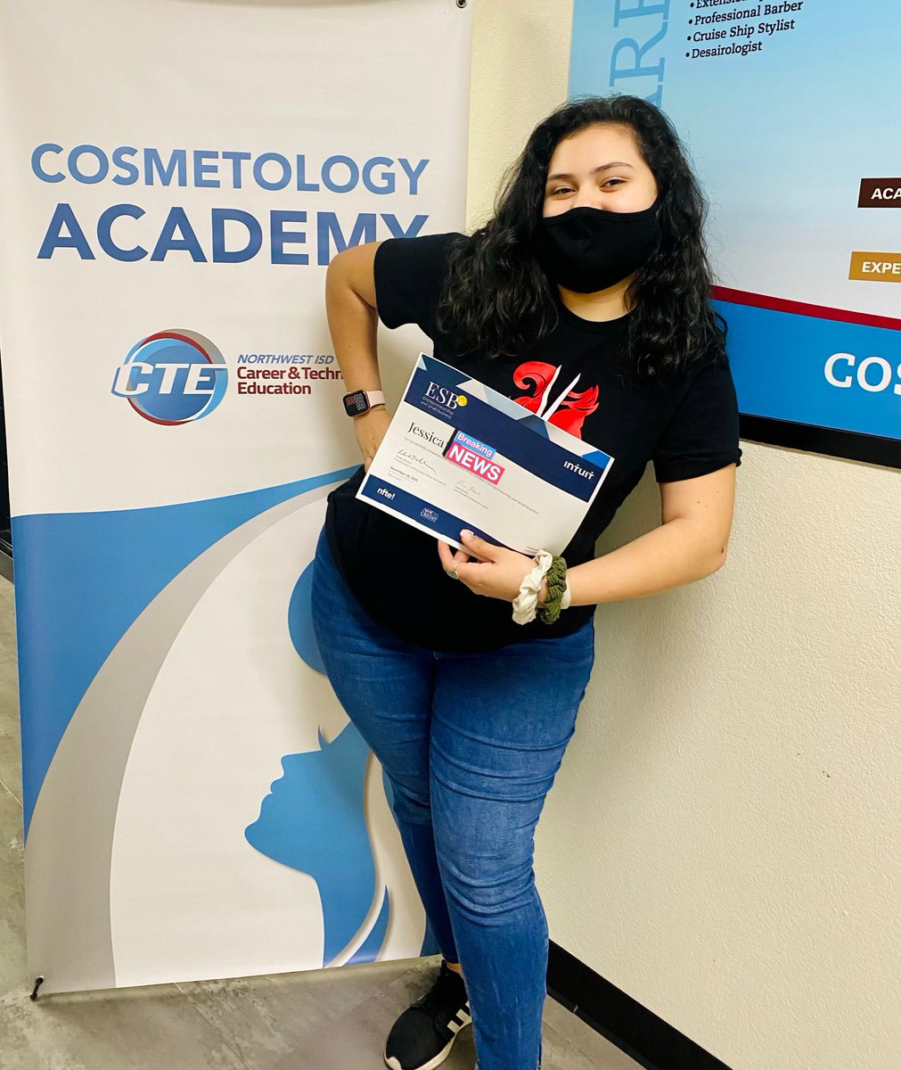 NISDCosmetology's tweet photo. Celebrating #COS2020 Senior Jessica C. for earning the Entrepreneurship & Small Business Certification! @SteeleCTEHayes @NisdCTE @JMSteeleAHS @NorthwestISD #IAmNISDCTE @HFowlerCTE https://t.co/ybRFdvdwkg
