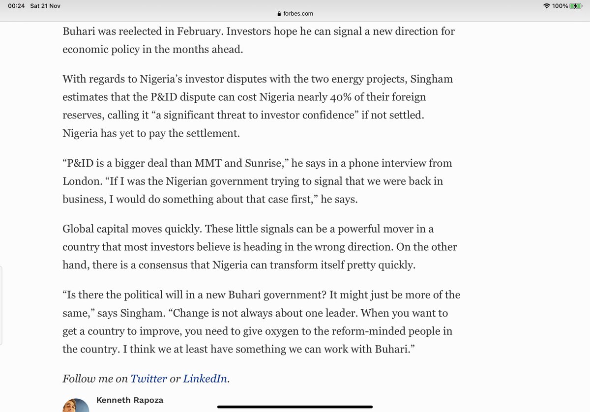 Here Shanker Singham is expressing an opinion about the case but what is his interest in it? Competere Group. Looks as if it is linked to the Legatum Institute & the Chandlers who profited off the Russian oil/gas energy market collapse and sales  https://www.forbes.com/sites/kenrapoza/2019/05/28/nigeria-has-become-africas-money-losing-machine/