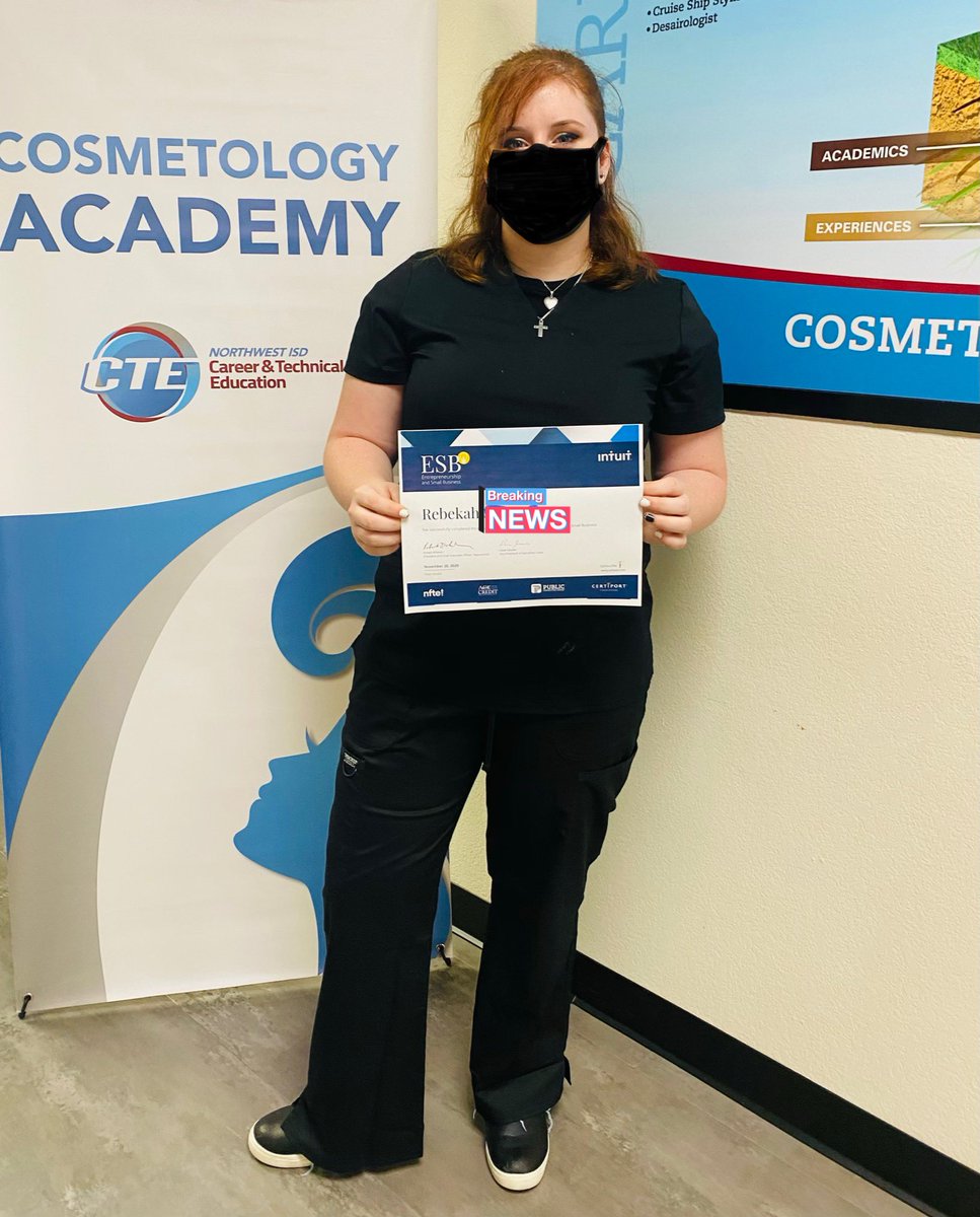 NISDCosmetology's tweet photo. Celebrating #COS2020 Senior Rebekah S. for earning the Entrepreneurship & Small Business Certification! @SteeleCTEHayes @NisdCTE @JMSteeleAHS @NorthwestISD #IAmNISDCTE @HFowlerCTE https://t.co/YQ4Bkt7CMu