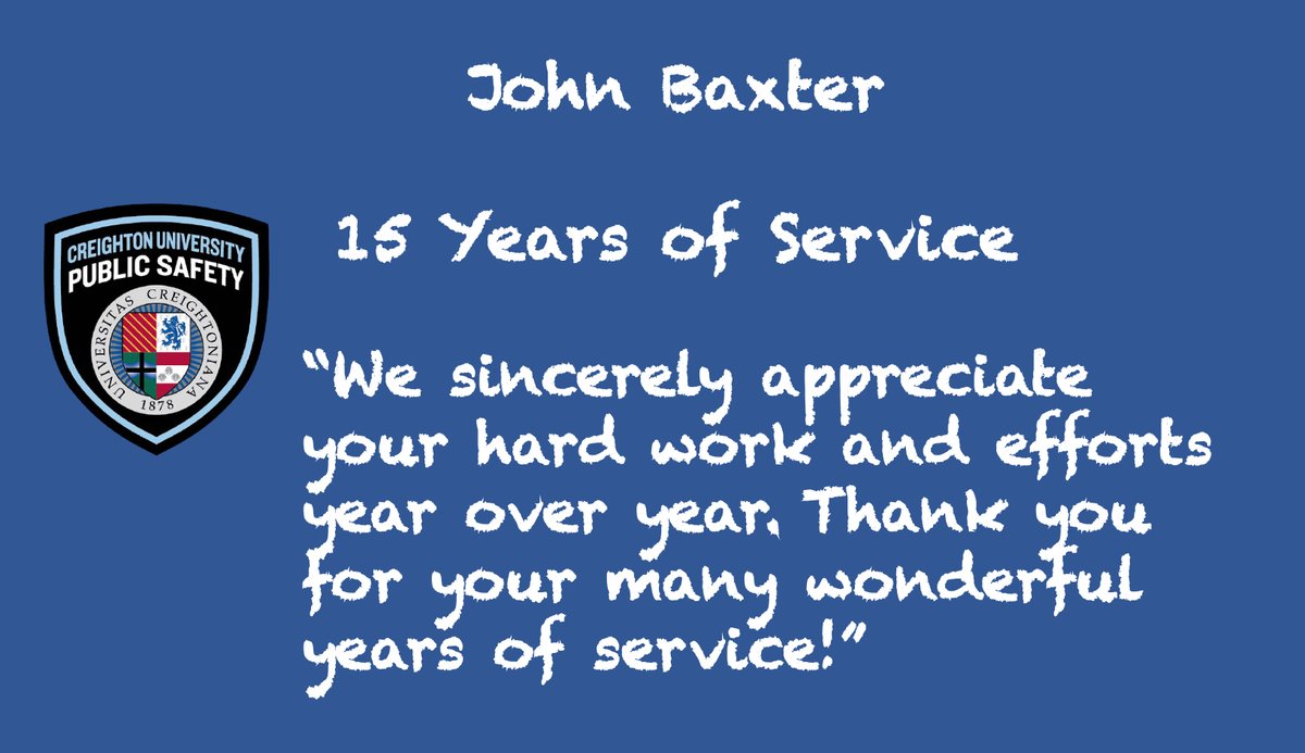 CreightonDPS's tweet photo. Program Manager of Environmental Health and Safety John Baxter has been with us for 15 years. John is your go-to when it comes to hazardous material, chemical storage, or fire safety. Thank you for everything you do! #BlueJaySafe https://t.co/I8jCFR5DXq