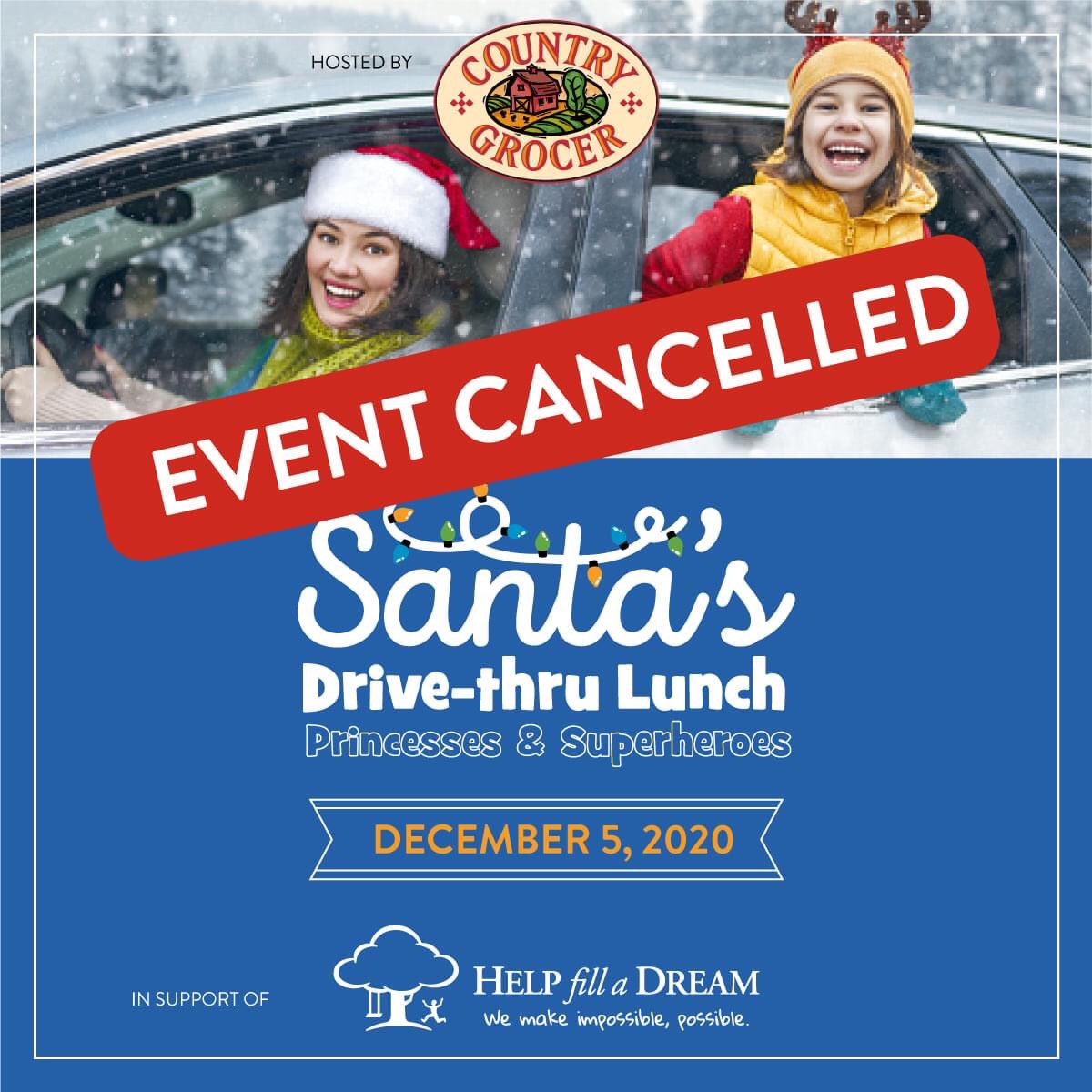 Help Fill A Dream (@helpfilladream) on Twitter photo Unfortunately due to new event restrictions our <a href="/CountryGrocer/">Country Grocer</a> Santa Drive-Thru lunch has been cancelled. A full refund for any tickets purchased will be issued. We are disappointed that we have to cancel but we want to make sure Santa stays safe for Christmas 🎄 Unfortunately due to new event restrictions our <a href="/CountryGrocer/">Country Grocer</a> Santa Drive-Thru lunch has been cancelled. A full refund for any tickets purchased will be issued. We are disappointed that we have to cancel but we want to make sure Santa stays safe for Christmas 🎄