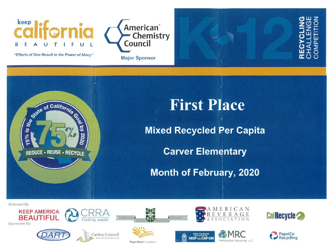 CONGRATULATIONS CARVER COMMUNITY!
For winning two 1st Place Recycling Awards 
SHOUT-OUT to all Carver Community (STUDENTS AND ALL STAFF) for contributing to this project! Our collective hard work earned us $2,000 for our students!  I’m so proud of our Carver Community!  
Ms. Vera