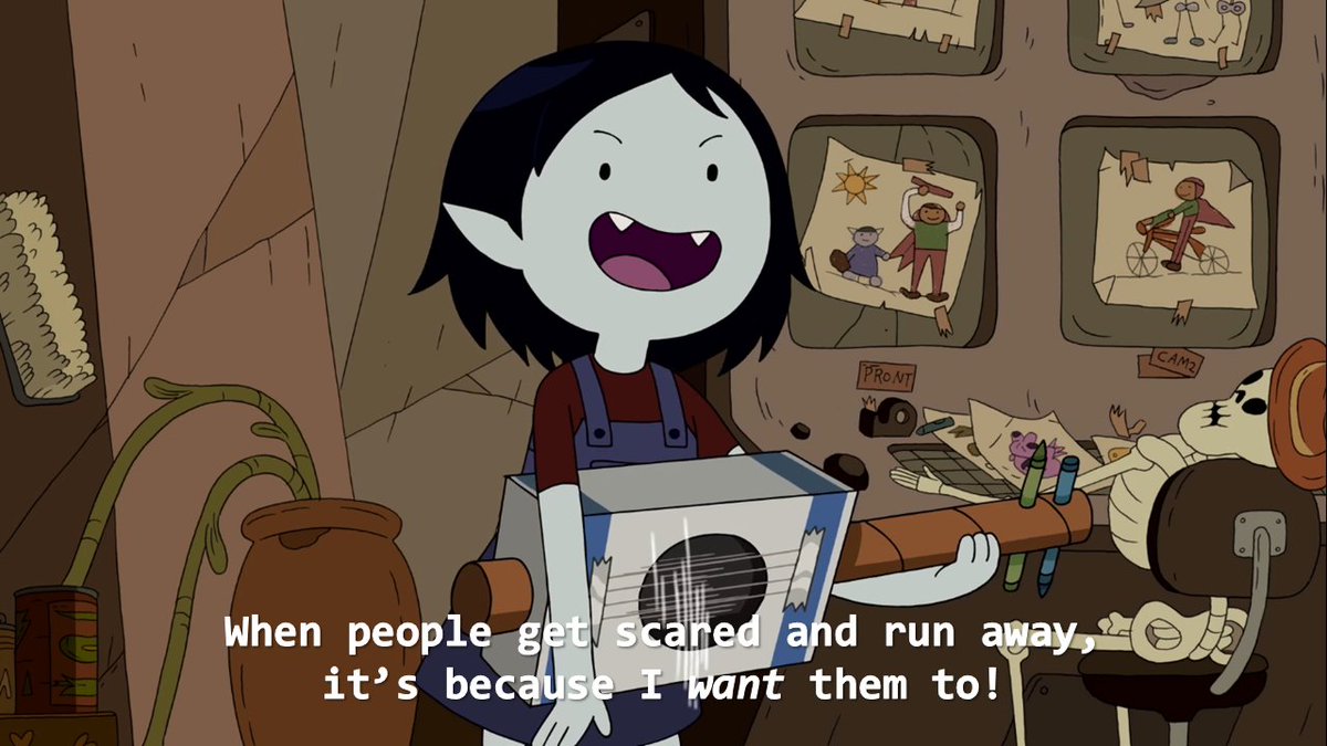 cavehag's tweet photo. the way this screencap singlehandedly explains everything about marceline, from why her breakup song was so brutal after pb called her "monster trash", to the scary vampire act she put on when she first met finn and jake https://t.co/sSGFpJRrUL