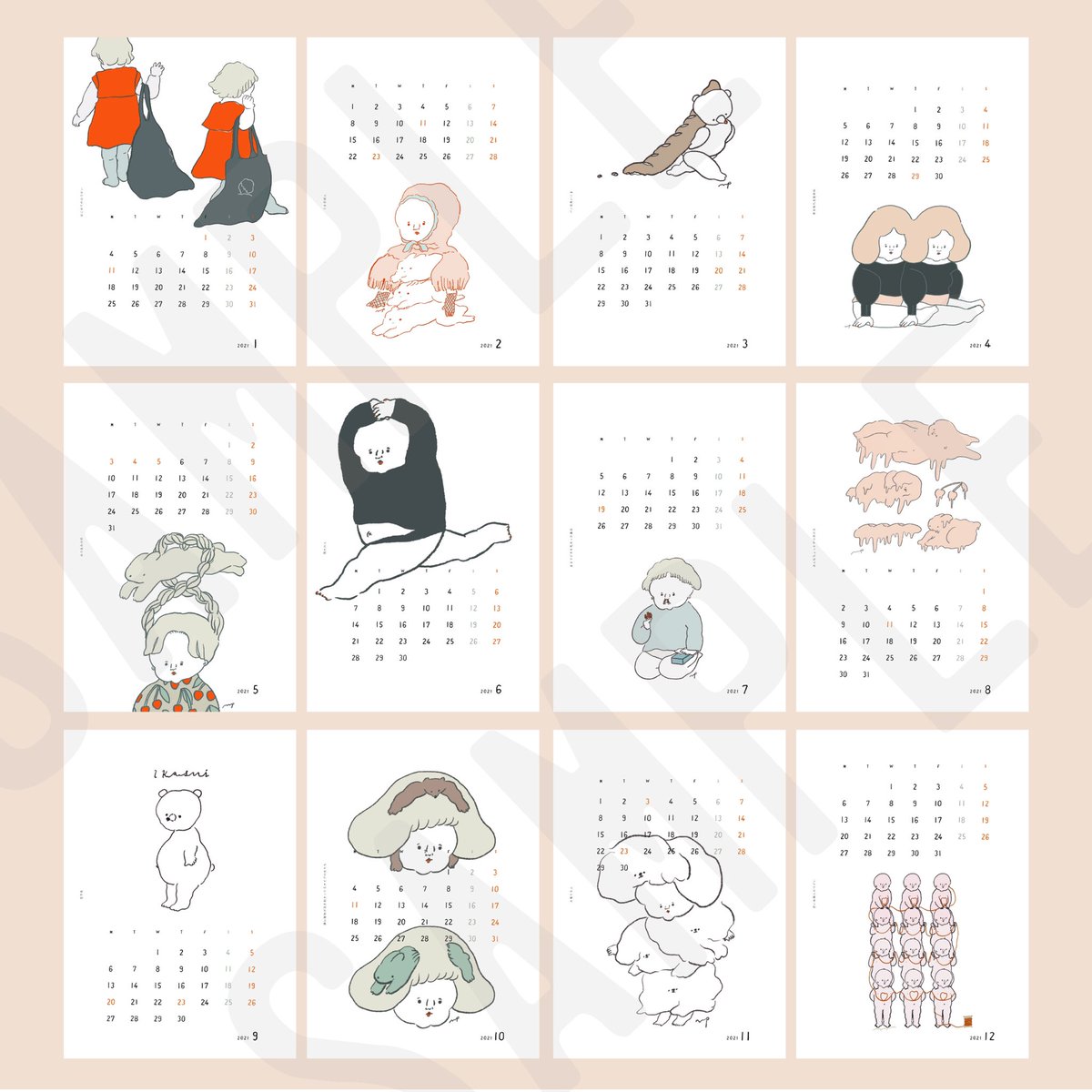< online shop >
11/21(土)20:00-
2021カレンダー2種発売

A4サイズのカレンダーと卓上カレンダーを今夜からオンラインショップにて発売します。

A4カレンダーには「いいことしかなさそうステッカー」付き。
ここだというところに貼ってご活用ください。

https://t.co/ijL35Toh0m 