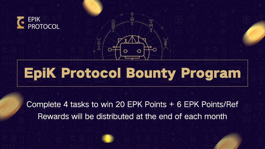 #EpiK Protocol Bounty Program (Round #1: Nov 21 - Nov 30)
🎀Complete 4 tasks to win 20 $EPK Points + 6 $EPK Points/Ref 
➡️Start Receiving Bounty: t.me/Epik_Airdrop_B… 
🌕Rewards will be distributed by Dec 5th