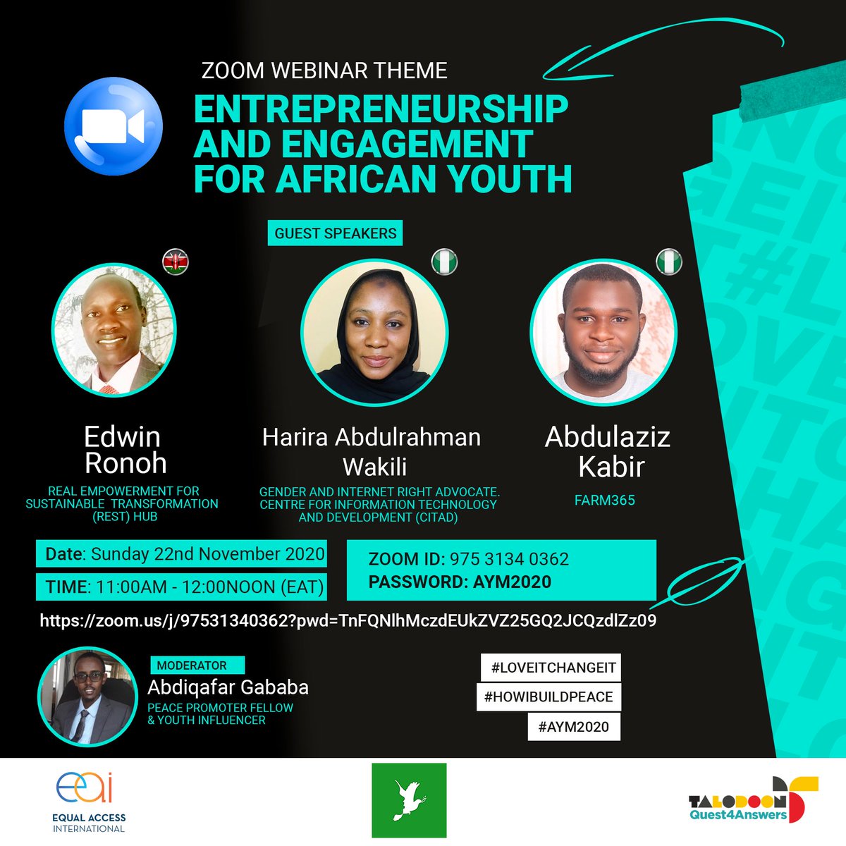 talo_doon's tweet photo. Part 2 of our Webinar series will cover youth entrepreneurship in Africa. We are excited to be having 3 speakers with 2 coming all the way from Nigeria. See you tomorrow at 11:00am for our zoom session. #Talodoon #HowIBuildPeace #AYM2020 #LoveITChangeIT
https://t.co/nAD7bQU2Uw https://t.co/ucHFnu3Y11