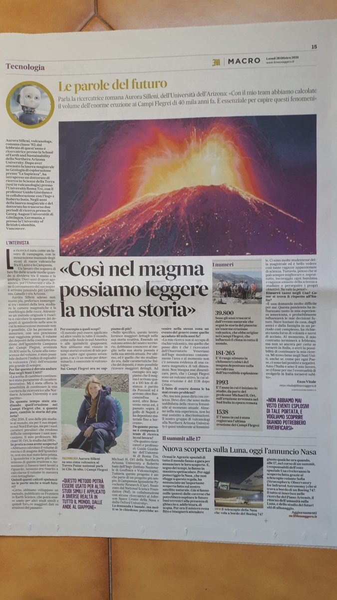 nau_ses's tweet photo. Congrats to SES postdoc @aurora_volc on the coverage of your PhD work in @ilmessaggeroit! The article is titled “This is how we read our history from the magma” and describes Dr. Silleni's work on the Campi Flegrei eruption outside Naples at 39.8 Ma. A huge event! #NAU_Geology https://t.co/0tfa1xHkqC