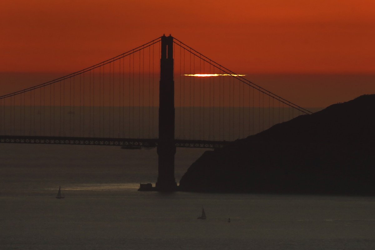 sfchronicle's tweet photo. The setting sun creates a momentary green flash behind the Golden Gate Bridge, seen from Berkeley on Friday evening. 

📷 @chinnski https://t.co/Bfwwn7d3Gl
