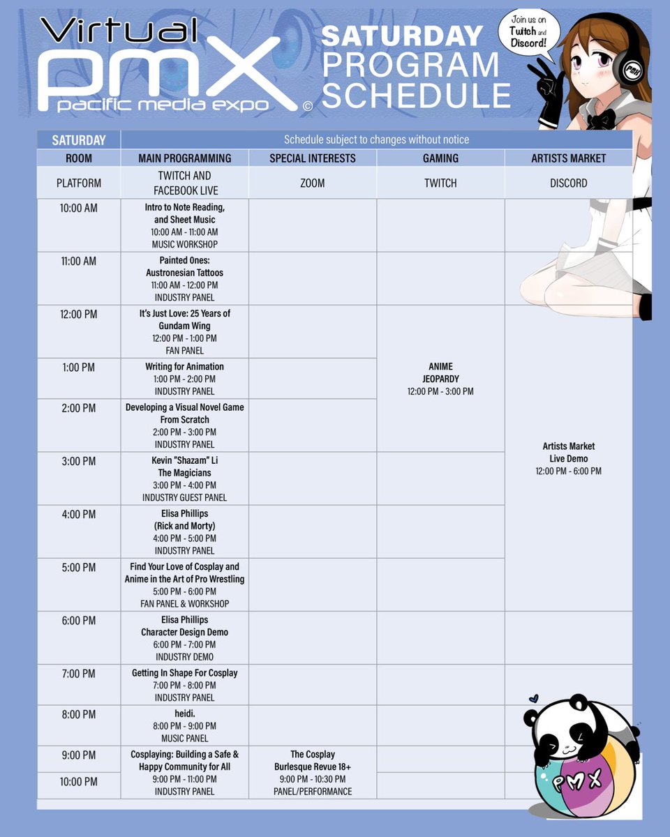 PacificMediaXpo's tweet photo. Our program schedule is live on our website now!

We're so excited to see you all there!

🔥 Complete Schedule: https://t.co/KDFeBAukIH

 #anime #cosplay #jrock #martialarts #prowrestling #gamedevelopment #artists #artistsmarket #dealersmarket #pmx #PMX2020 https://t.co/0qNFp88A1p