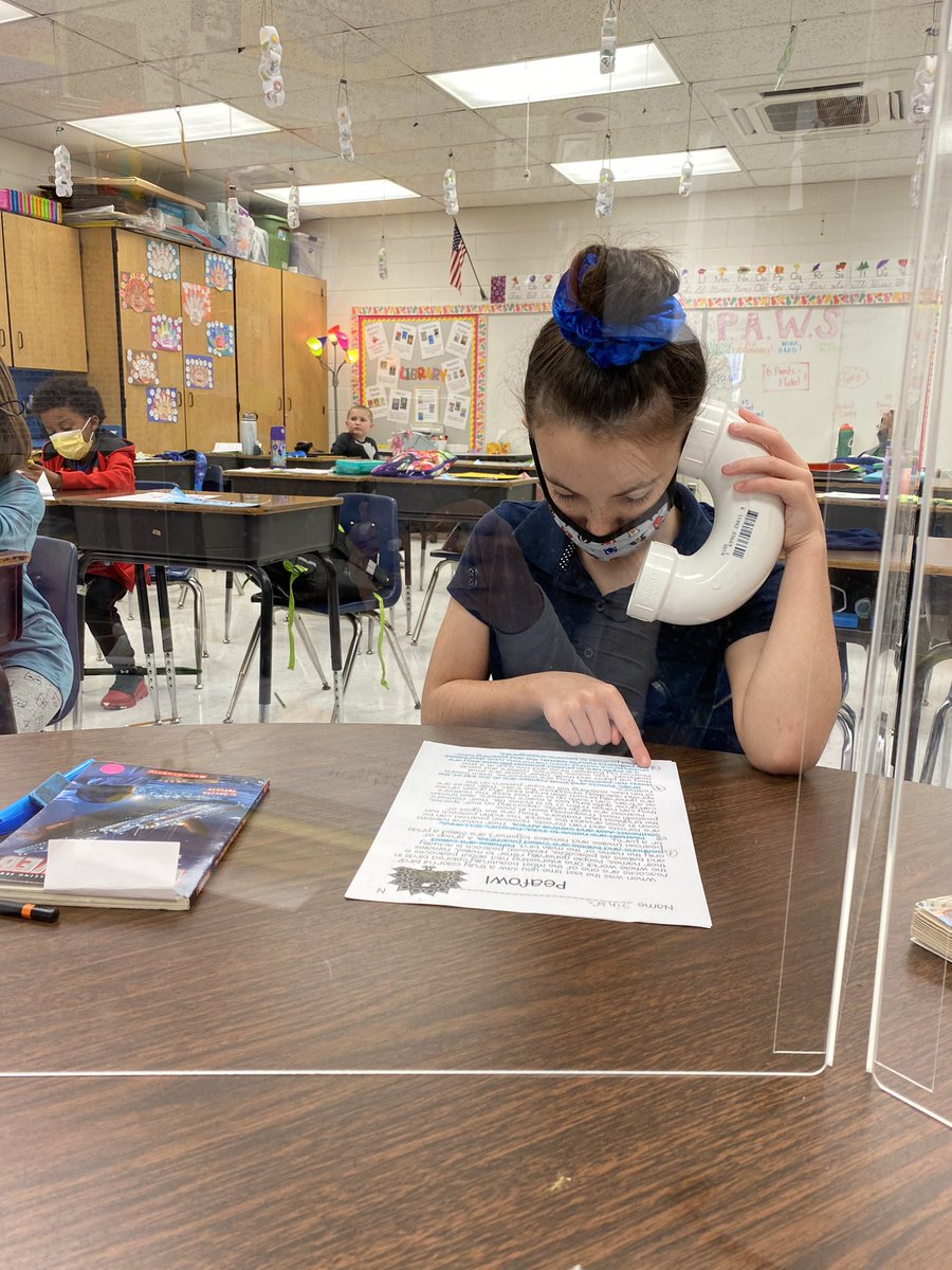 Stauffer_CES's tweet photo. COVID-19 has made my reading groups look a lot different this year, but one thing that my kids LOVE is a whisper phone! #Fluency #Intonation #Reading #3rdGrade #SanitizeSanitizeSanitize 😊💙💛📚📞 #CoventryStrong #PAWSitiveCougars https://t.co/gxLWz1IGde