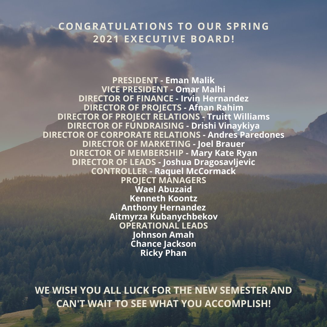 Welcome your new Executive Board for the Spring 2021 semester! We're so proud of everyone and can't wait to see you all excel in your roles! 💛
