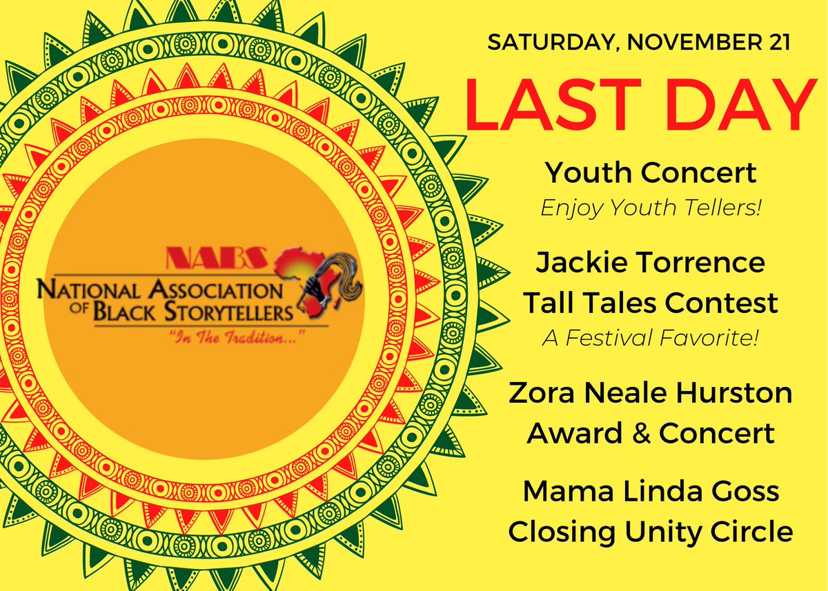 Saturday's Schedule! A Youth Concert, the Jackie Torrence Tall Tales Contest, the Zora Neale Hurston Award revealed, and Mama Linda Goss's Closing Unity Circle. DON'T MISS IT. #nabsfest2020 #blackstorytelling #storytelling <a href="/OniLasana/">Aunti Oni</a> <a href="/TAHIRAStorytell/">TAHIRA Akua TAHIRA</a> <a href="/queennurstory/">Queen Nur</a> <a href="/chetterg/">chettergalloway</a>